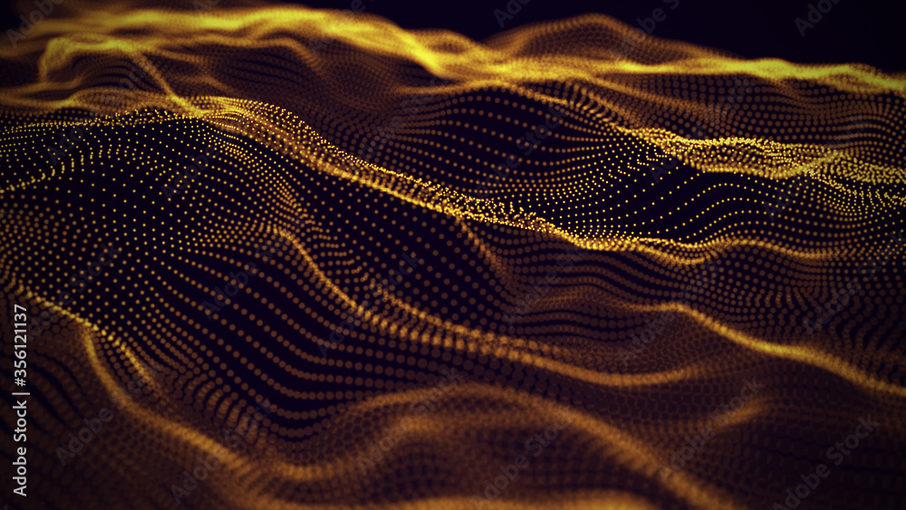 Poster Dynamic particles wave. Yellow dots on black background. Digital landscape. 3d rendering. Big data visualization 3D. Futuristic backdrop for design, wallpaper.