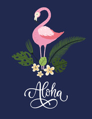 Aloha. Pink flamingo bird vector card. Tropical cute summer poster with hand drawn lettering quote and cartoon kid illustration. 