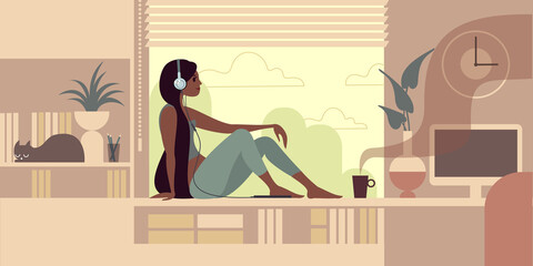 Young girl with headphones and coffee cup sits alone on the windowsill and listens to music. Flat design vector illustration.