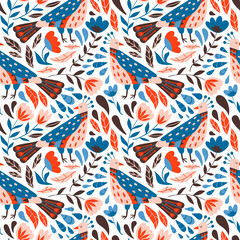 Seamless pattern with fantasy magic birds and flowers