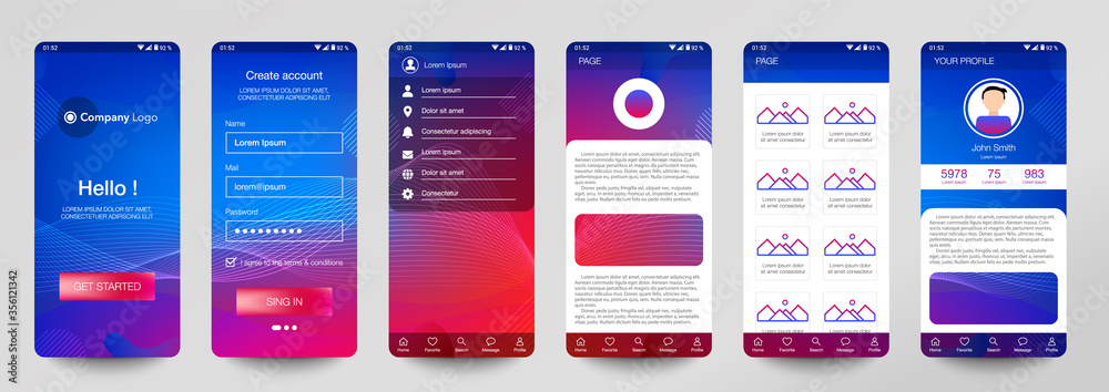 Wall mural design of mobile app, ui, ux, gui. set of user registration screens with login and password input, a