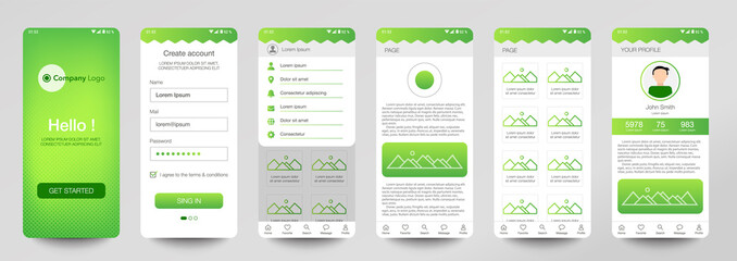 Design of mobile app, UI, UX, GUI. Set of user registration screens with login and password input, account sign in, sign up, home page. Modern Style. Minimal Application. UI Design Template. Green