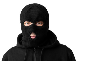 Portrait of masked thief isolated over white wall