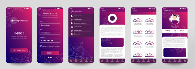 Design of mobile app, UI, UX, GUI. Set of user registration screens with login and password input, account sign in, sign up, home page. Modern Style. Minimal Application. UI Design Template. Interface