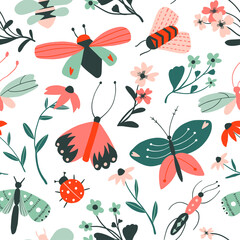 Doodle insects and flowers seamless pattern