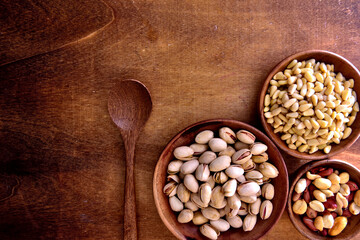 Mix of nuts in a wooden bowl