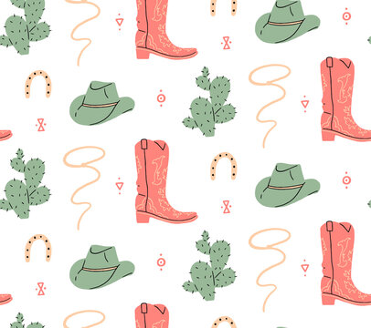 Seamless Pattern. Wild West, Buffalo Skull, Eye, Mountains, Cactus, Cowboy Hat, Cowboy Boot, Viper. Vector Illustration.