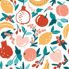 Seamless pattern with hand drawn colorful doodle fruits