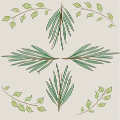 Obraz premium Green deciduous and coniferous branches with watercolor effect