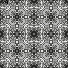 Seamless endless repeating black and white ornaments in different colors on a monochrome background