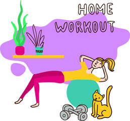 keep calm; athletic; challenge; flexibility; dumbbell; house; hand; gymnastic; stay home; strength; quarantine; energy; strong; cute; gymnastics; stretching; interior; hand drawn; room; sport; illustr