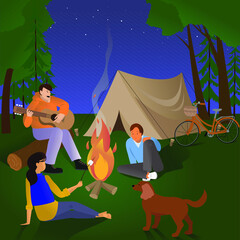 Obraz premium grupa młodych ludzi siedzi przy ognisku. Młodzi turyści. Mężczyzna gra na gitarze. Letnia wycieczka wakacyjna. Szczęśliwi przyjaciele.