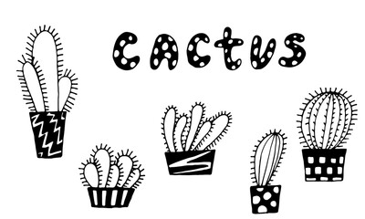 Collection of hand drawn vector illustration of cactuses in the pot. Doodle outline drawing isolated on white background. Exotic houseplant. Home interior decoration. Black and white coloring template