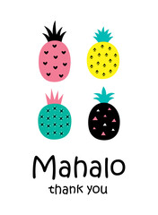 cute pineapple thank you card vector with hawaii word of thank you. cute pineapple appreciation card illustration.