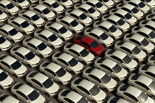 3D Rendering Of The Concept Of Unique With A Red Car Between A Lot Of White Cars