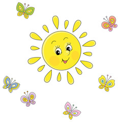 Friendly smiling sun playing with cheerful colorful butterflies flittering around on a pretty summer day, vector cartoon illustration on a white background