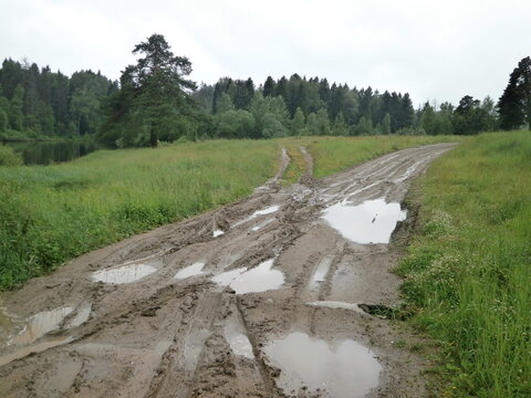 Photo of a traditional Russian landscape with a dirty road, where there are pits, puddles, with grass, forest edge, a river in the background. Ideas for writing articles on the situation in the region