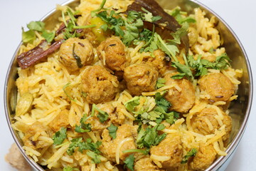Soya chunks briyani isolated on white background