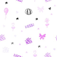 Light Purple, Pink vector seamless backdrop in holiday style. Shining illustration with aheart, baloon, candy, gift, star, ribbon. Pattern for birthday gifts.