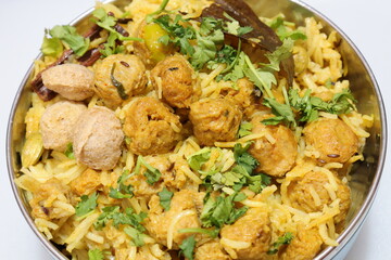 Soya chunks briyani isolated on white background