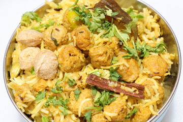 Soya chunks briyani isolated on white background