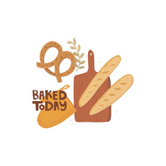 Baking lies on a vintage cutting board. Baguettes, pretzel and potholder on a white background. Vector illustration and handwritten lettering baked today. Homemade cakes, local bakery, fresh produce.