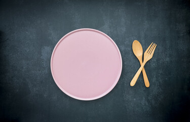 kitchen utensil, blank pink dish with spoon and fork