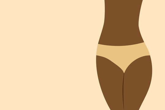 Vector Illustration Of Beautiful Black Afro American Woman Lowers Body Silhouette With Curvy Hips Slim Waist In Beige Panties. Health Menstruation Hygiene Comfortable Lingerie Concept