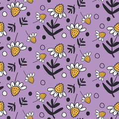 White chamomile daisy with leaves and dots. Floral Vector seamless pattern on purple background. Design for gift wrap, wall art, cover, fabric, interior decor. Simple surface pattern design.