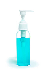Blue alcohol gel hand sanitizer bottle on white background. selective focus, soft focus.