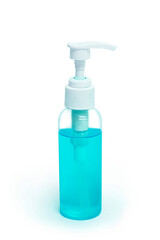 Blue alcohol gel hand sanitizer bottle on white background. selective focus, soft focus.