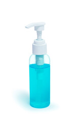 Blue alcohol gel hand sanitizer bottle on white background. selective focus, soft focus.