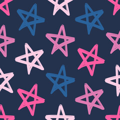 Seamless pattern with hand drawn colorful stars. Vector illustration in grunge style. Dark blue background. Design for gift wrap, wall art, cover, fabric, interior decor.