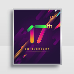 17th years anniversary logo, vector design for invitation and poster birthday celebration with colorful abstract background isolated on white background.