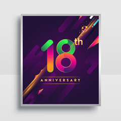 18th years anniversary logo, vector design for invitation and poster birthday celebration with colorful abstract background isolated on white background.