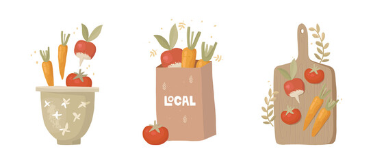 Set of three vector illustrations. Hand drawn vegetables in a craft paper bag, in a bowl and on a cutting board. Purchase of fresh products from local producers. Vegetable cooking, vegetarianism