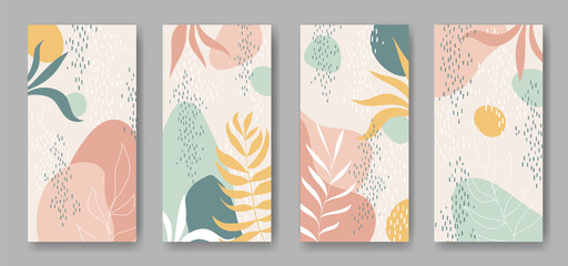 Set of vector vertical banners with abstract forms and leaves ornament - 356127517