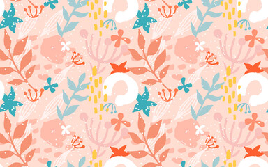 Fototapeta na wymiar Abstract spring floral pattern. Brush strokes, splashes, seamless pattern.