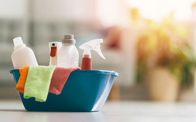 Basket with cleaning items