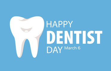 Happy dentist day poster. White tooth on a blue background, professional holiday banner