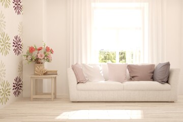 White stylish minimalist room with sofa and summer landscape in window. Scandinavian interior design. 3D illustration