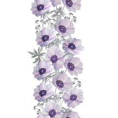 Watercolor hand drawn seamless vertical border of purple violet lavender anemone buttercup flowers. Spring floral soft neutral nature design for wedding invitation. Seasonal vintage romantic