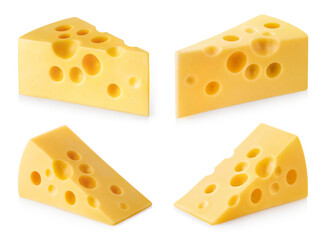 Set of delicious pieces of cheese, isolated on white background