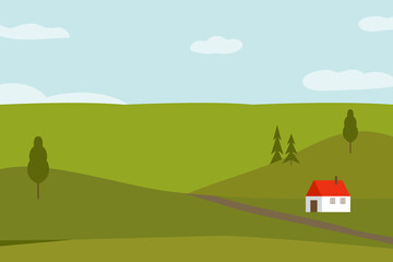 Vector hand drawn illustration of Alps valley with green grassland trees meadows rural house blue sky with clouds. Travel hiking countryside vacation domestic tourism concept © olindana