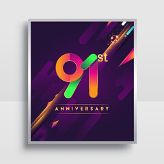 91st years anniversary logo, vector design for invitation and poster birthday celebration with colorful abstract background isolated on white background.