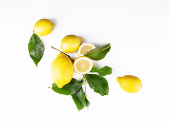 Lemon with leaves on white background