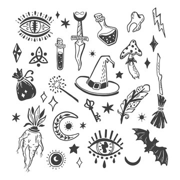 Collection of magic decorative elements on a white background. Mystical illustration, witches things.