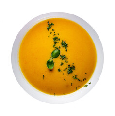 Pumpkin soup in white plate isolated on white background