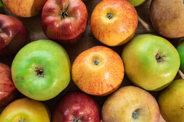 Tasty green, yellow and red apples. Healthy and nutritious food