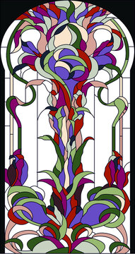 stained glass window in a classical style with flowers, grass and leaves